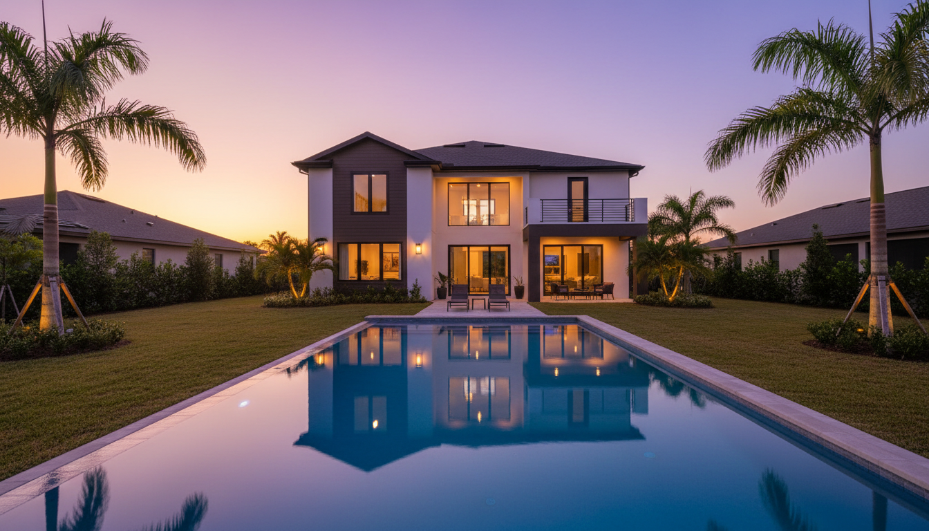 Villa exterior at sunset with pool