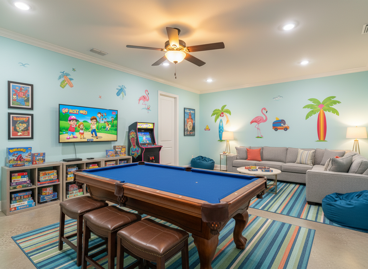 Games room with pool table and entertainment